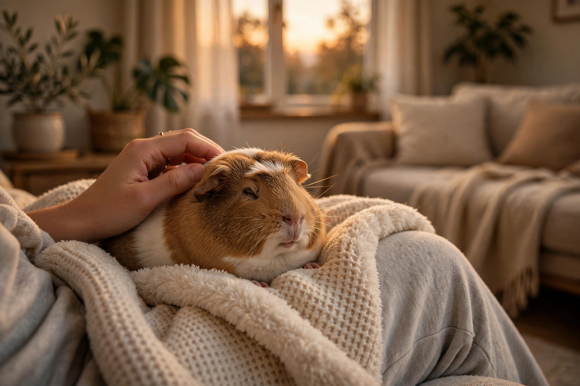 Guinea pig tucked in a cosy fleece cuddle sack on a lap.