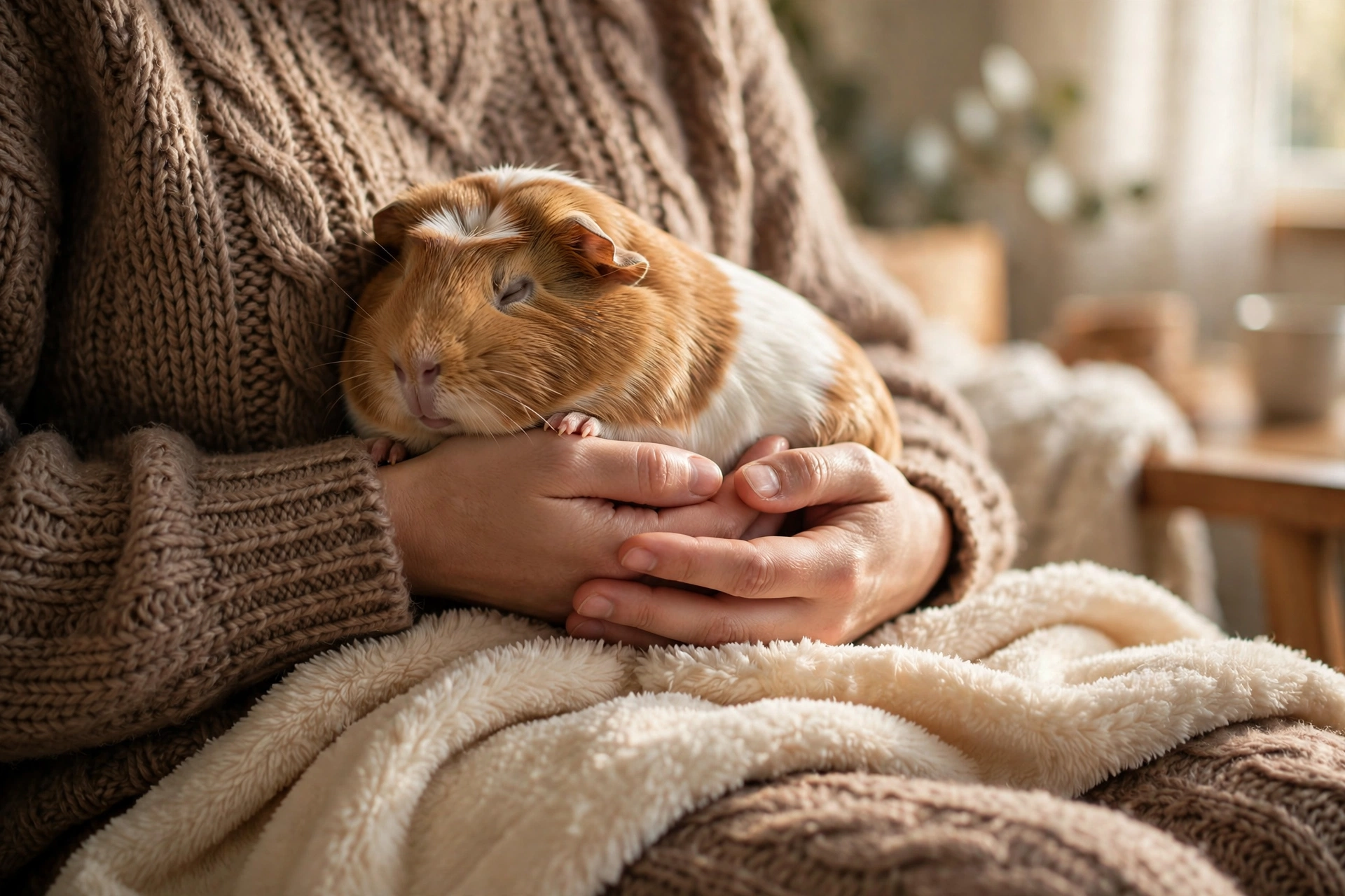 A guinea pig relaxing calmly on its owner's lap during cuddle time.