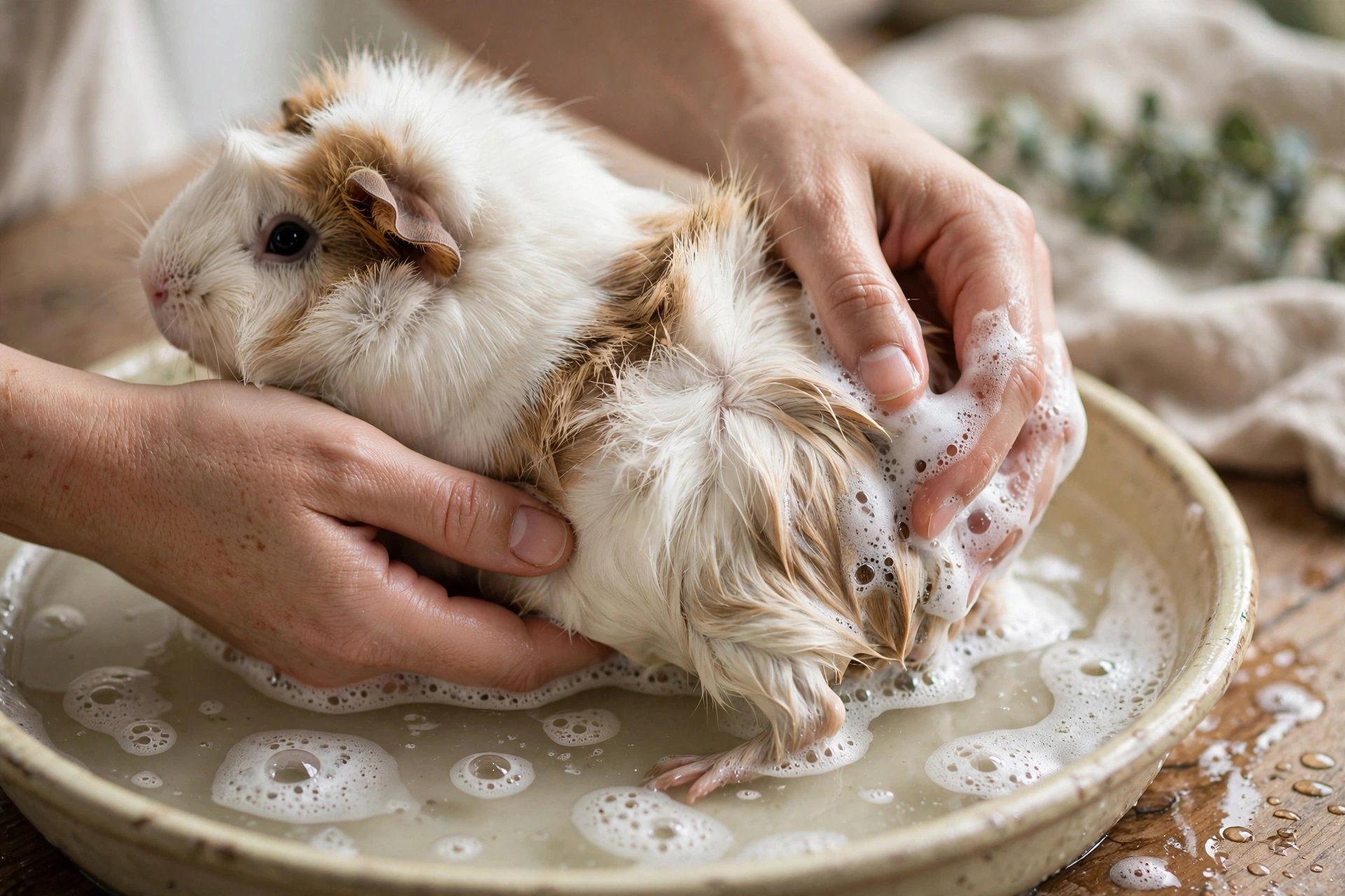 Owner gently washing a guinea pig's rear with guinea-pig-safe shampoo in shallow water.