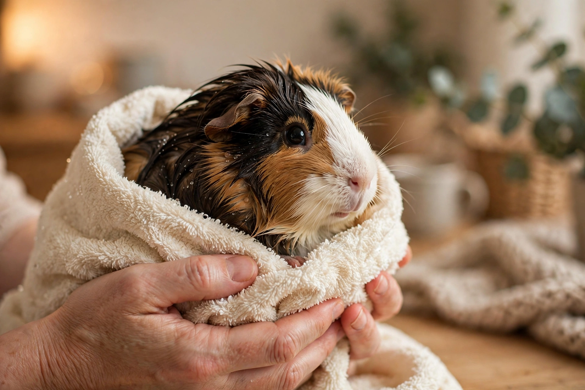 Freshly bathed guinea pig wrapped in a soft towel drying in a warm room.