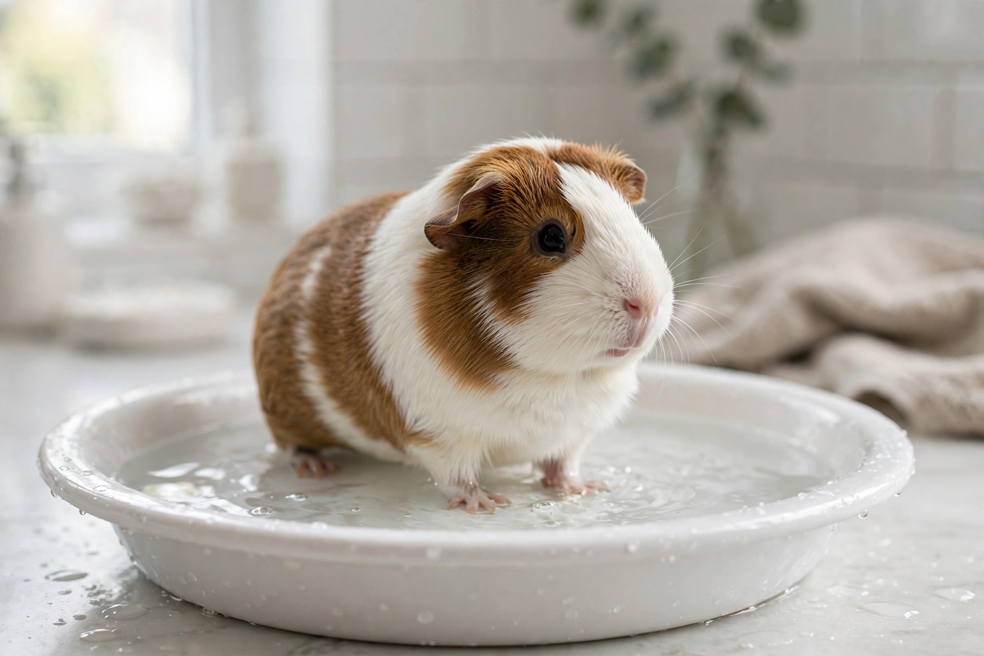 Guinea pig standing in a shallow bath of lukewarm water during bath time.