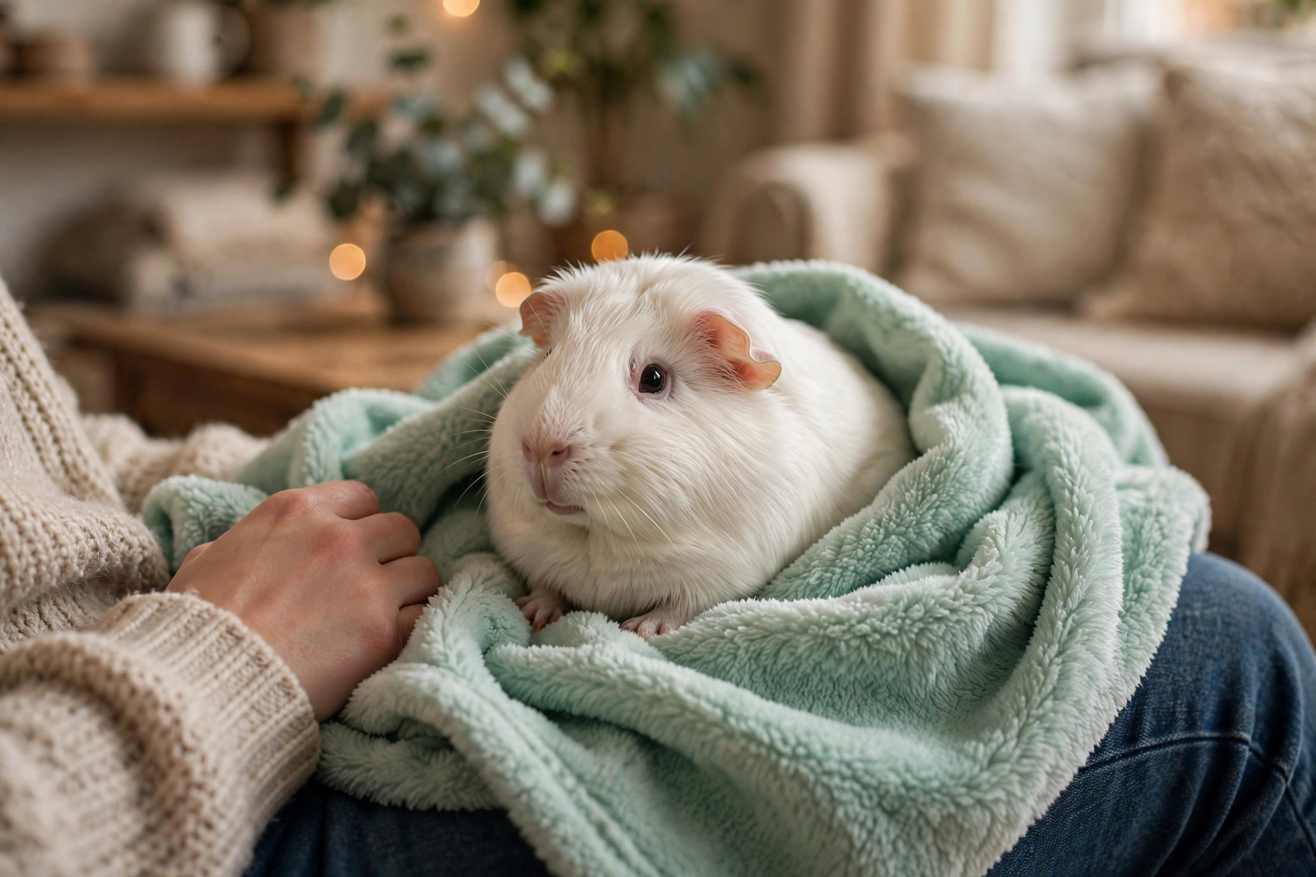 Guinea pig sitting calmly on owner's lap wrapped in a fleece blanket during lap time.