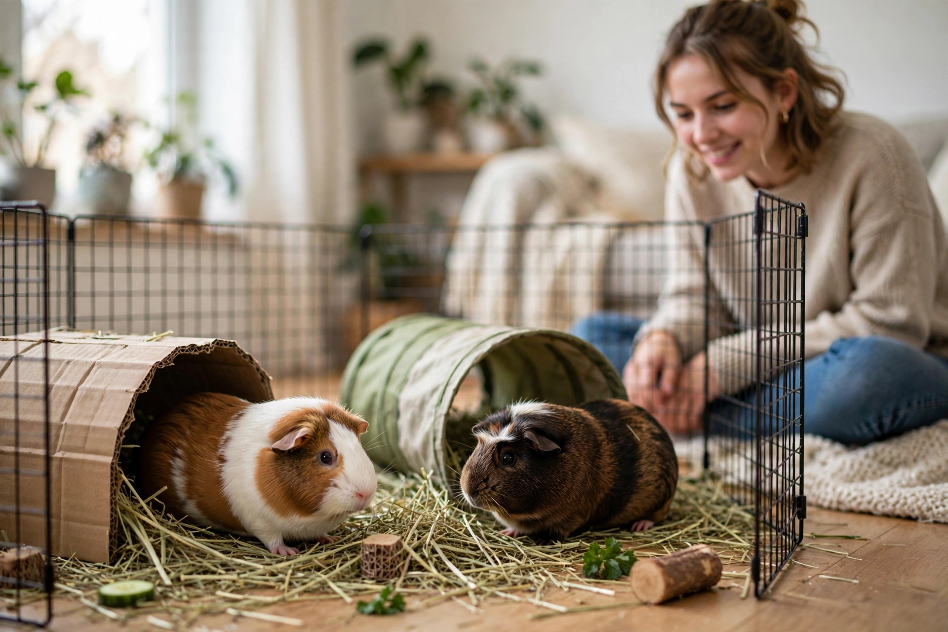 Two guinea pigs exploring a floor-time pen while their owner sits nearby at their level.