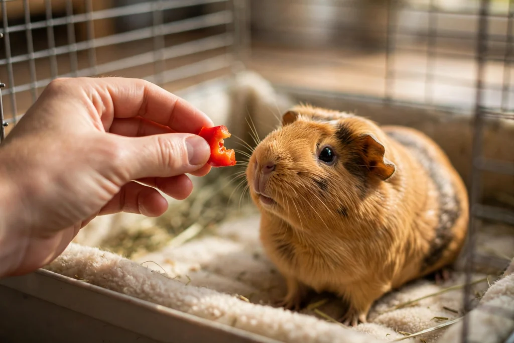 Owner hand-feeding a guinea pig a piece of bell pepper inside its cage.