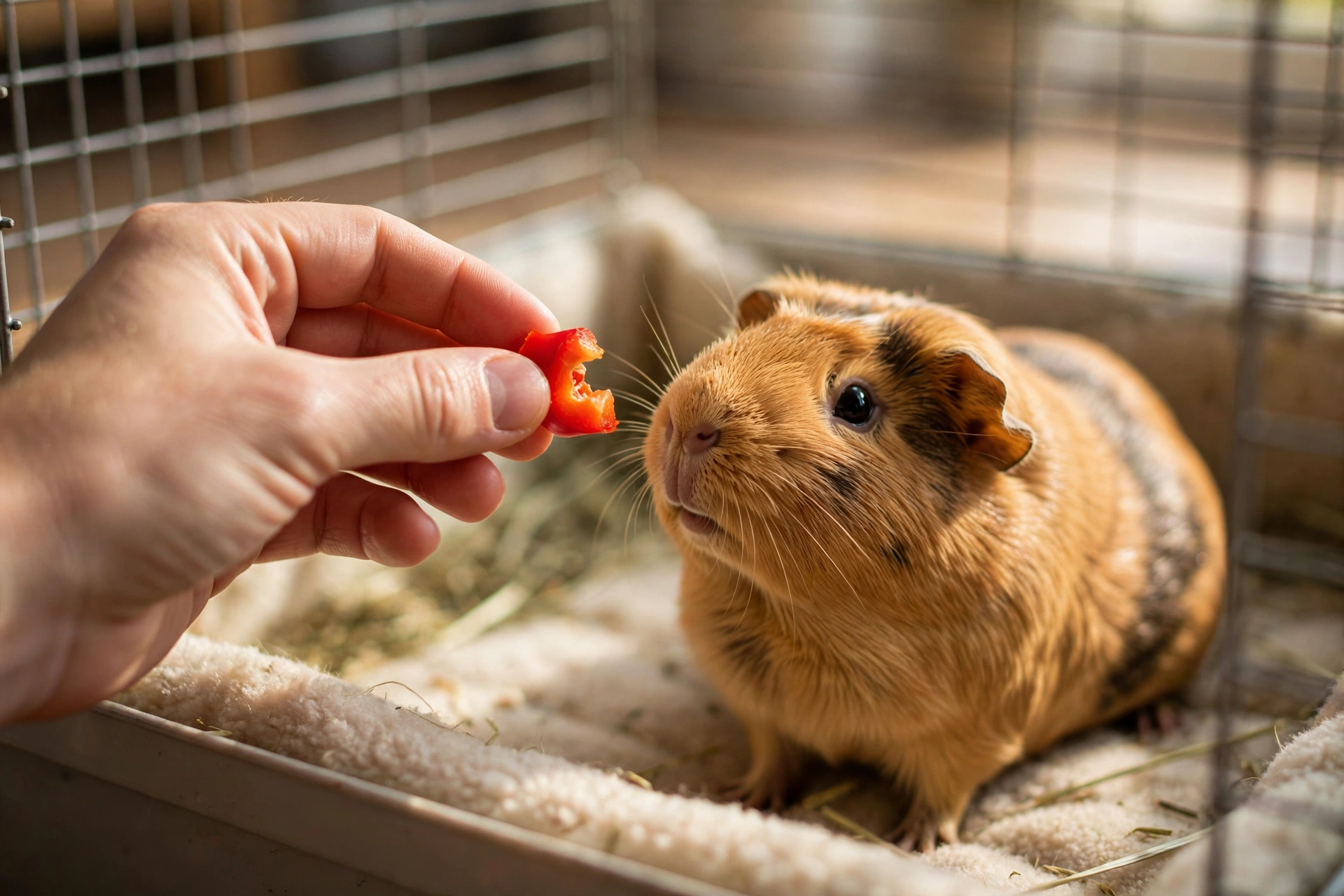 Owner hand-feeding a guinea pig a piece of bell pepper inside its cage.