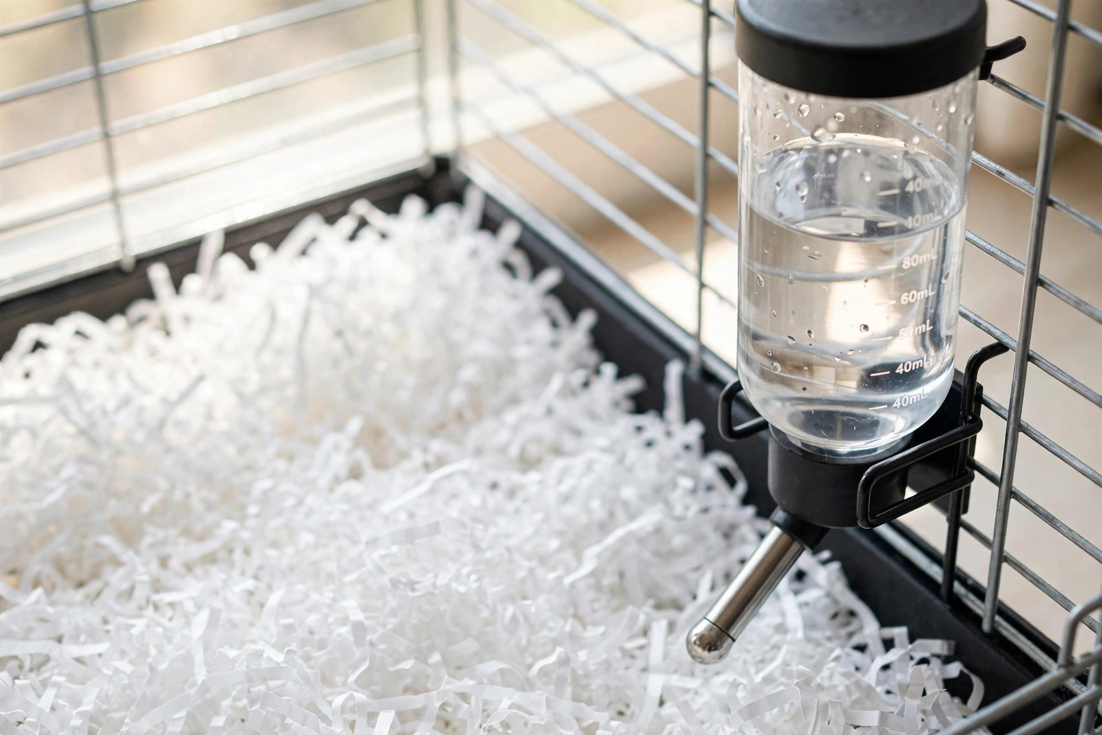 Close-up of paper-based bedding beside a water bottle in a guinea pig cage.