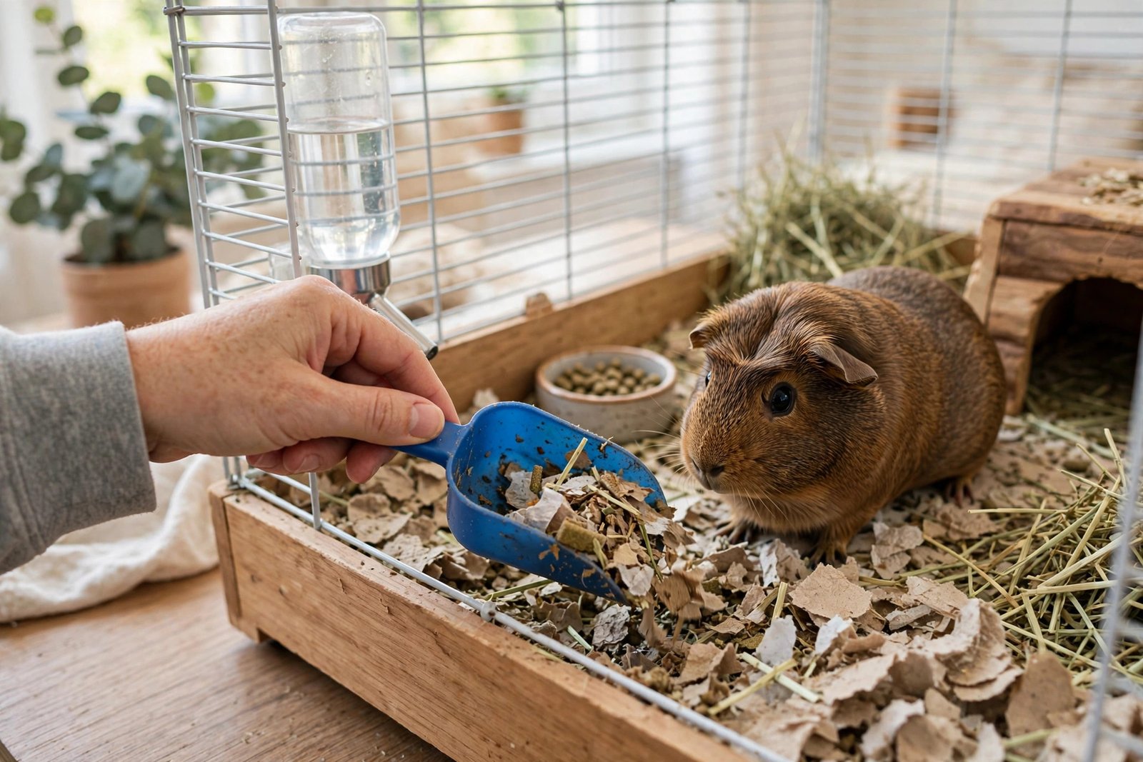 Owner spot-cleaning a guinea pig cage with a small scoop.