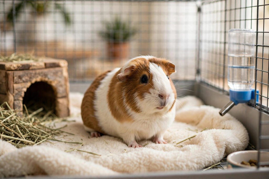 Guinea pig sitting on soft fleece bedding inside a clean cage.
