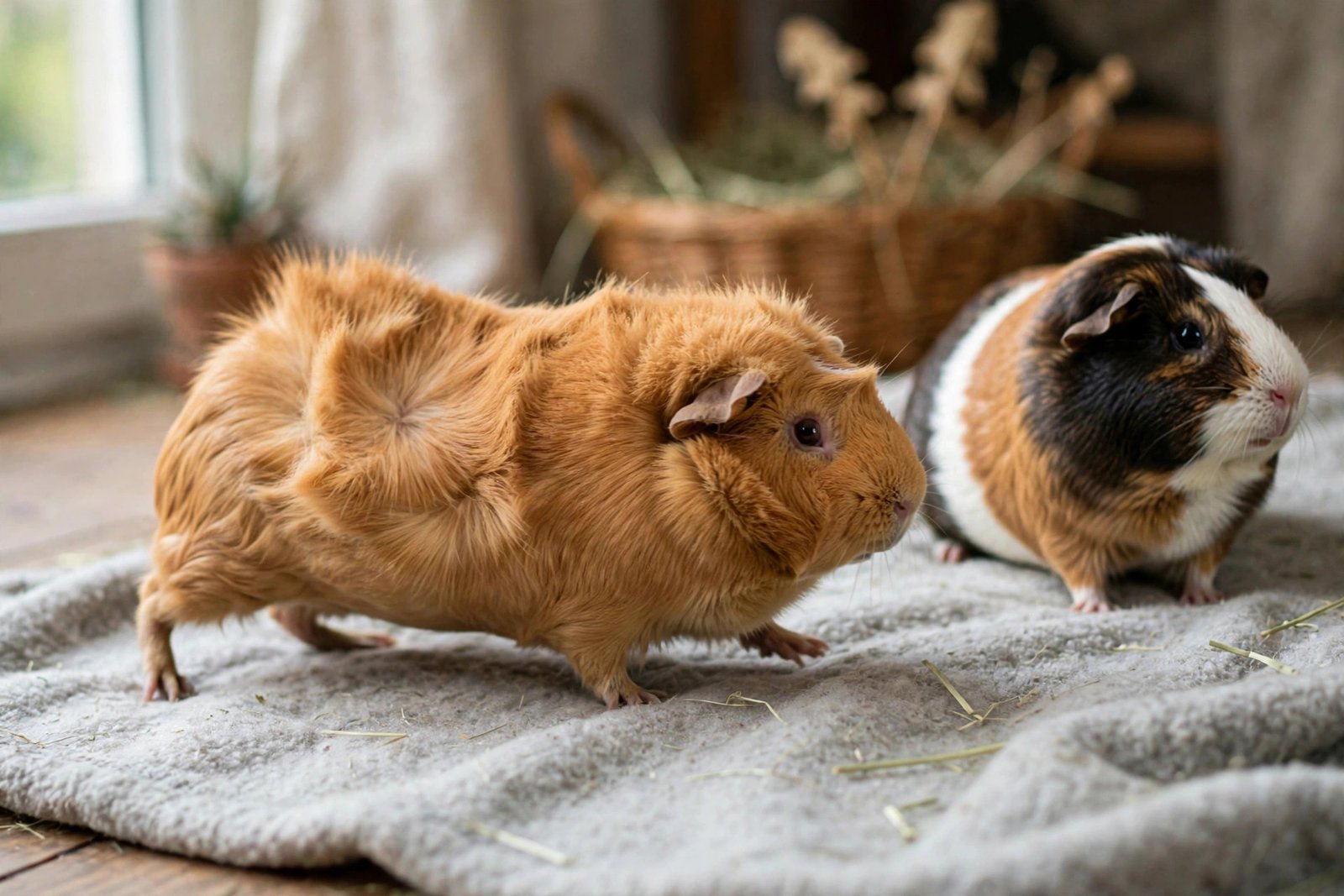 Guinea pig rumblestrutting with puffed fur during a bonding session.