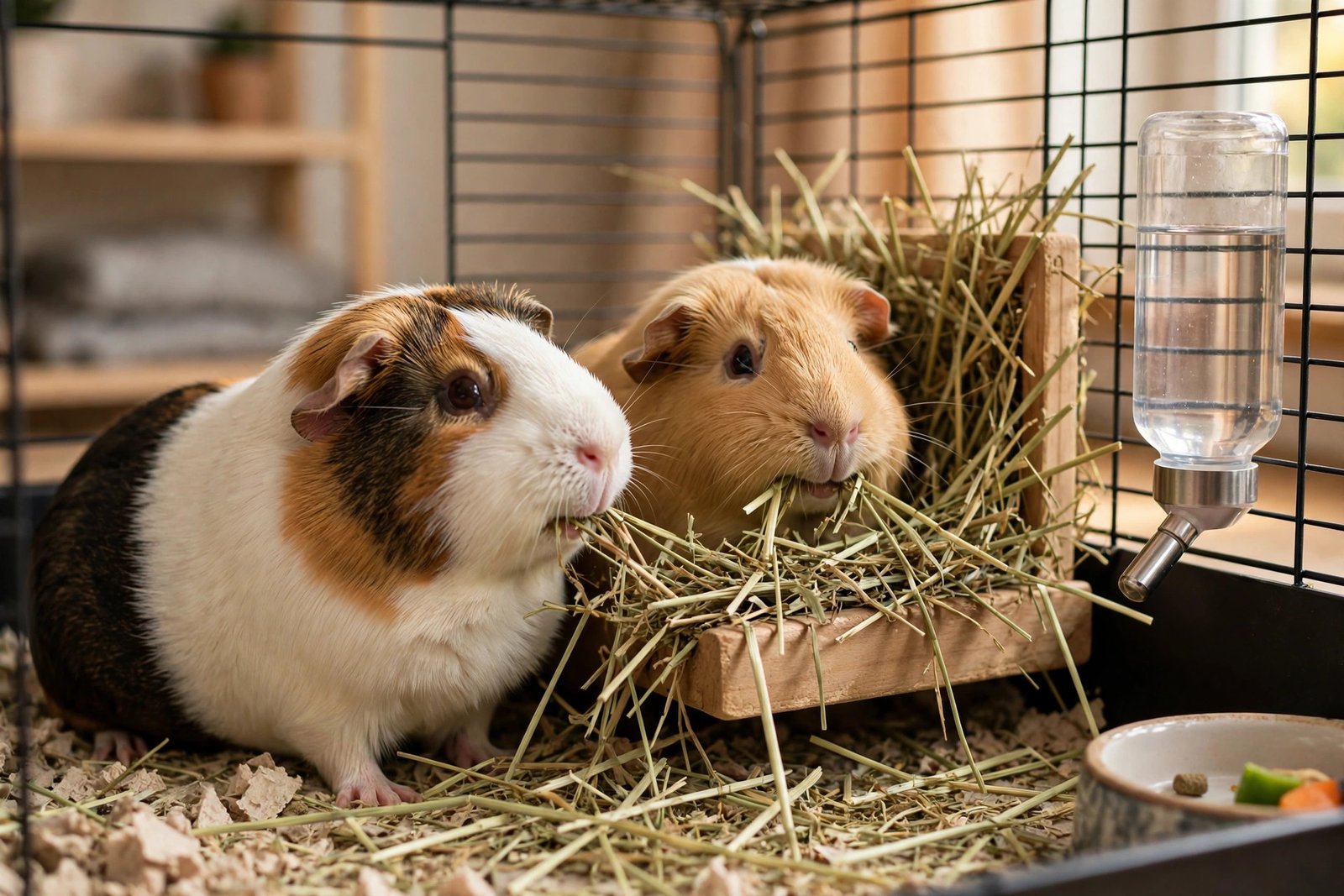 Two guinea pigs eating hay together peacefully after a successful introduction.