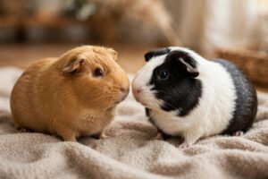 Two guinea pigs meeting nose-to-nose on a fleece blanket during introductions.