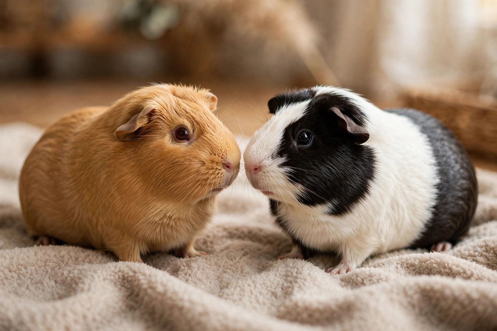 Two guinea pigs meeting nose-to-nose on a fleece blanket during introductions.