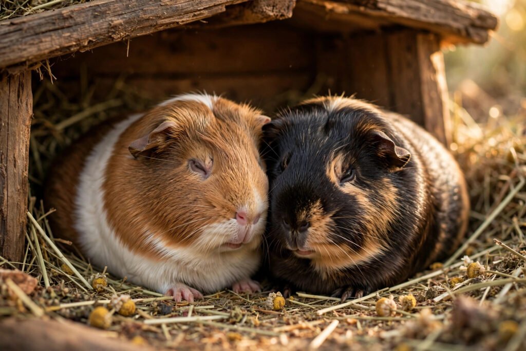 Two female guinea pigs cuddling as a bonded same-sex pair.