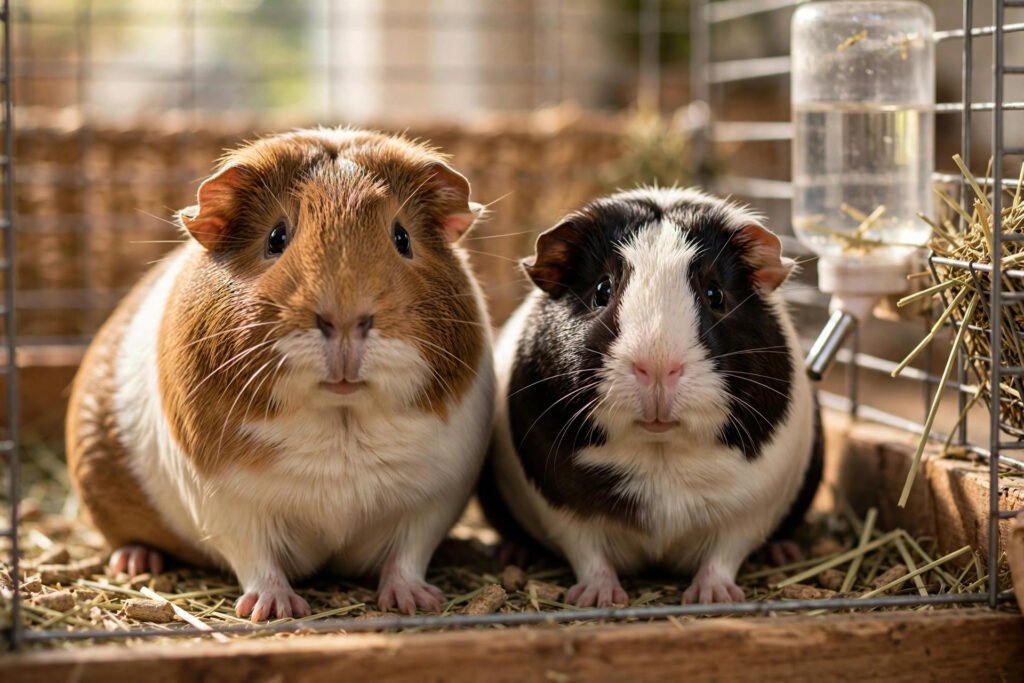 Male vs female guinea pigs sitting side by side in a cage for comparison.