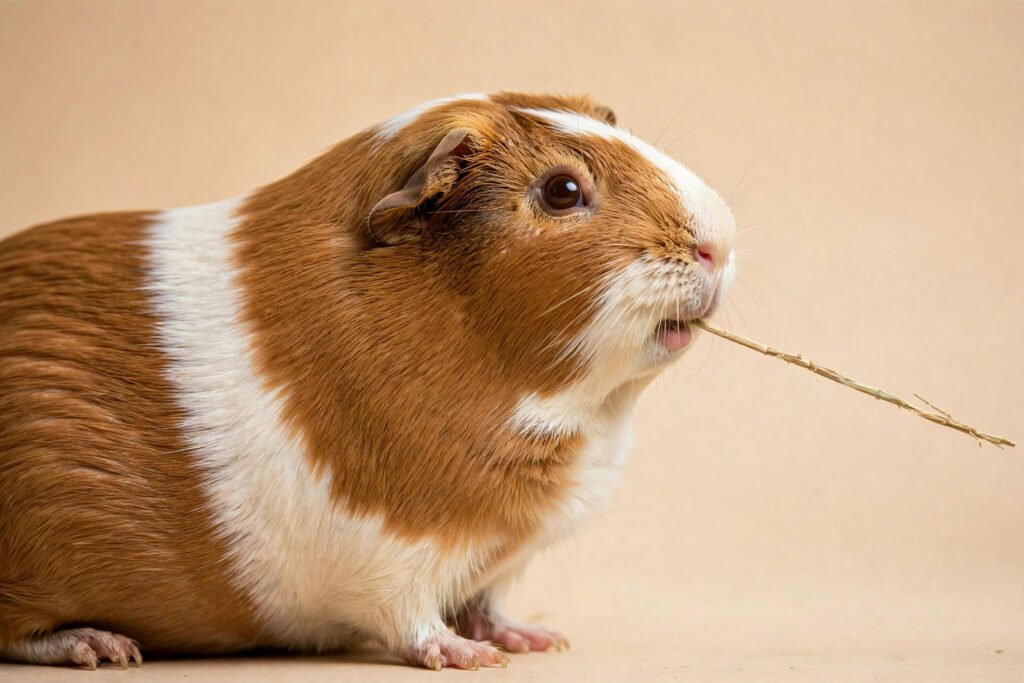 Guinea pig chewing a strand of timothy hay, which wears down guinea pig teeth naturally.