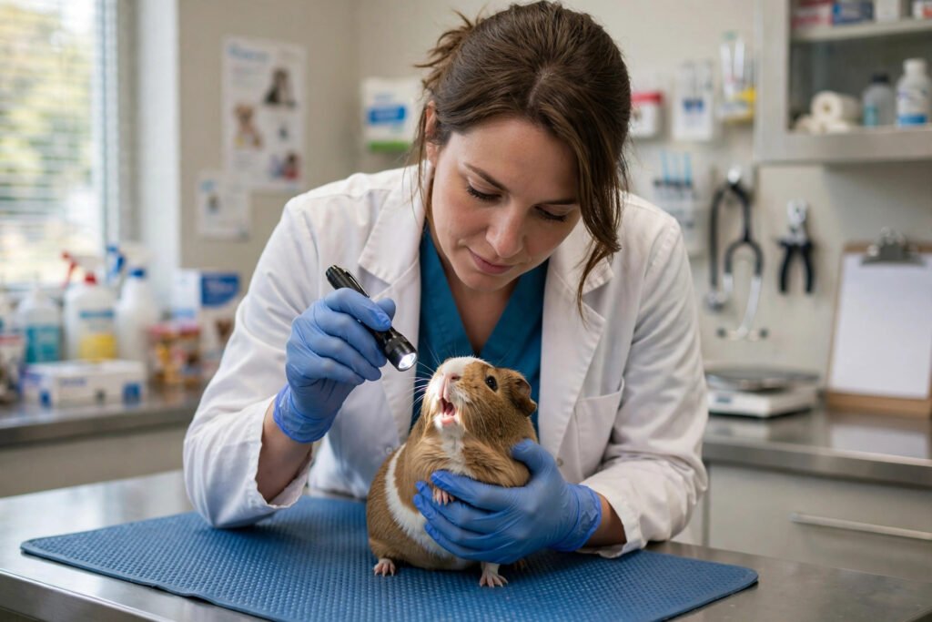 Vet examining guinea pig teeth with a small light during a dental check.