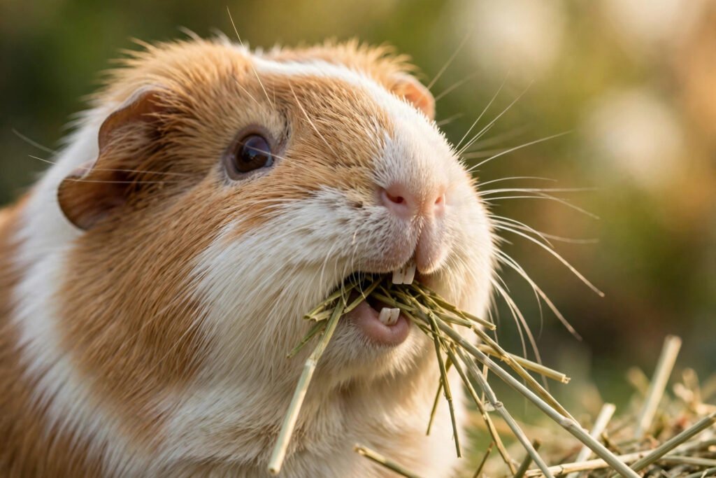 Guinea pig teeth visible while the guinea pig eats timothy hay.