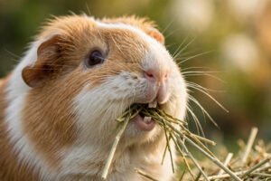 Guinea pig teeth visible while the guinea pig eats timothy hay.