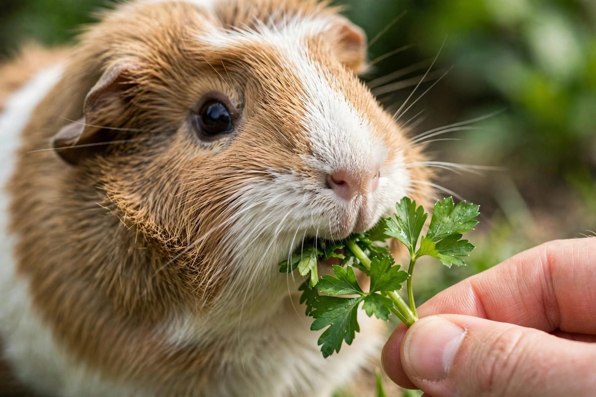 Guinea pig eating a fresh parsley sprig from an owner's hand — can guinea pigs eat parsley safely