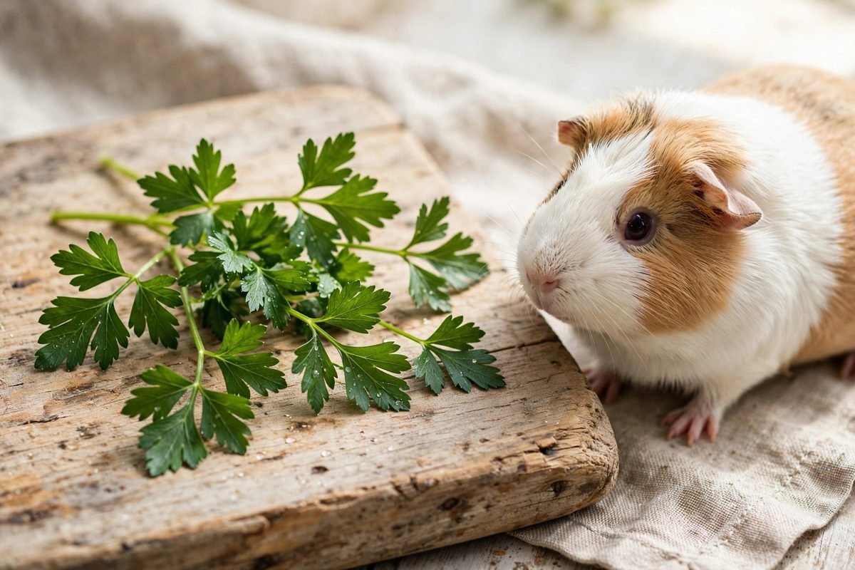 Small portion of flat-leaf parsley beside a guinea pig — can guinea pigs eat parsley portion guide