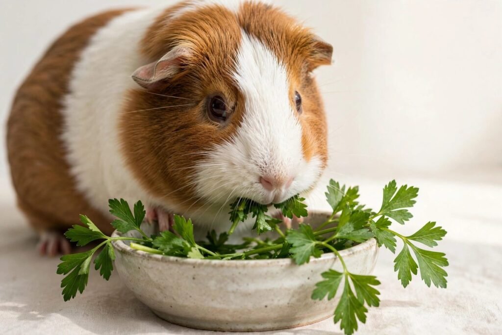 A guinea pig munching fresh green flat-leaf parsley sprigs — can guinea pigs eat parsley