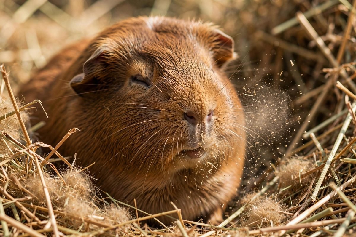 A brown guinea pig sneezing with hay dust near its nose — when guinea pig sneezing is normal