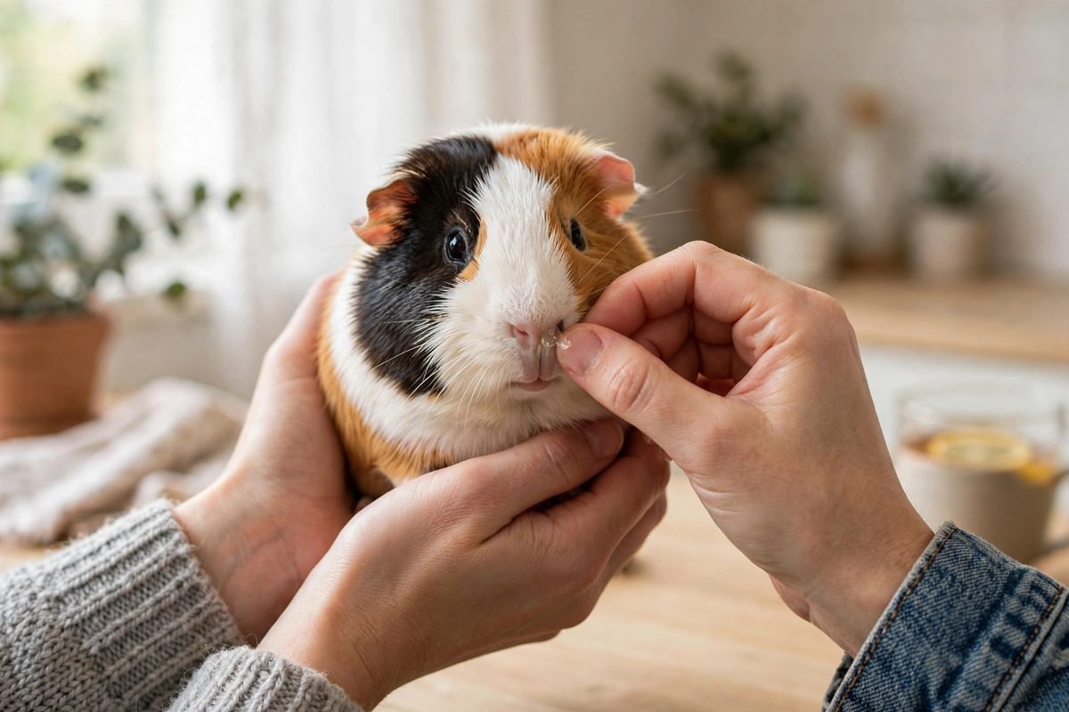 Owner gently checking a guinea pig's nose for discharge — guinea pig sneezing warning signs
