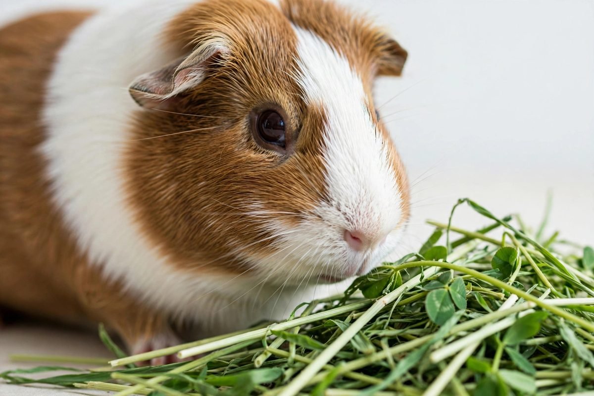 Close-up of a brown and white guinea pig sniffing fresh green hay — guinea pig sneezing causes and remedies