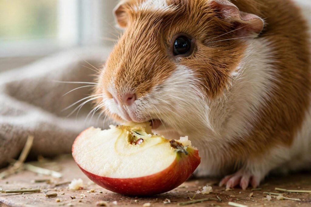 Guinea pig nibbling a fresh red apple slice.