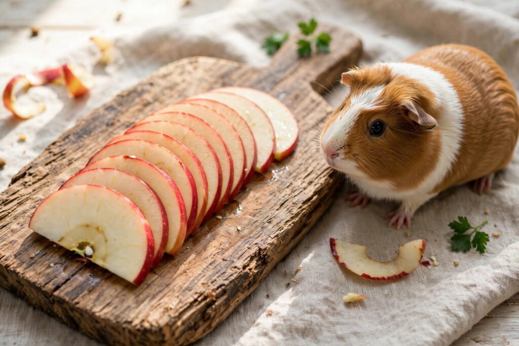 Thin red apple slices with peel on a wooden board beside a guinea pig.