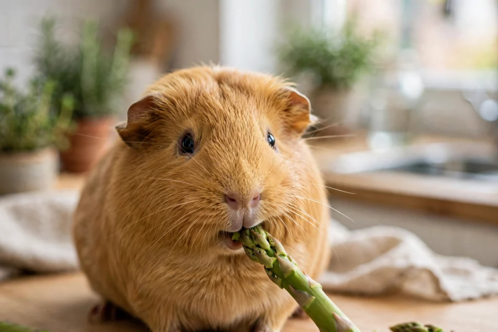 Can guinea pigs eat asparagus? A guinea pig nibbling on fresh green asparagus