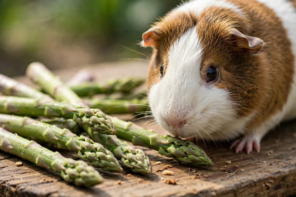 Fresh asparagus spears next to a curious guinea pig