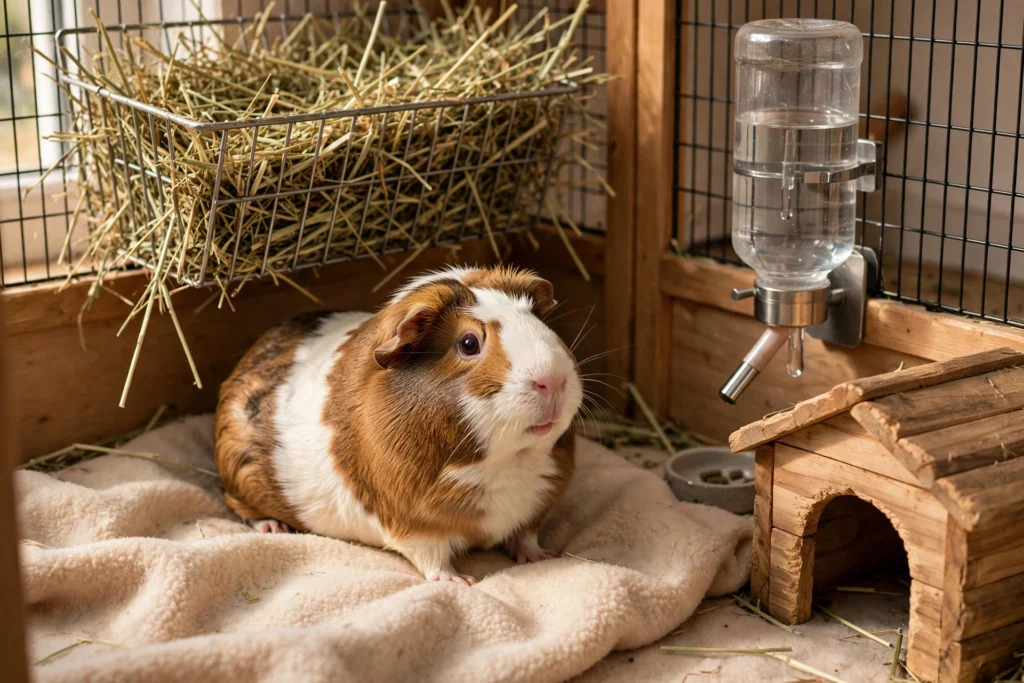 How to take care of a guinea pig: a cozy guinea pig enclosure with hay rack, fleece bedding and hideout