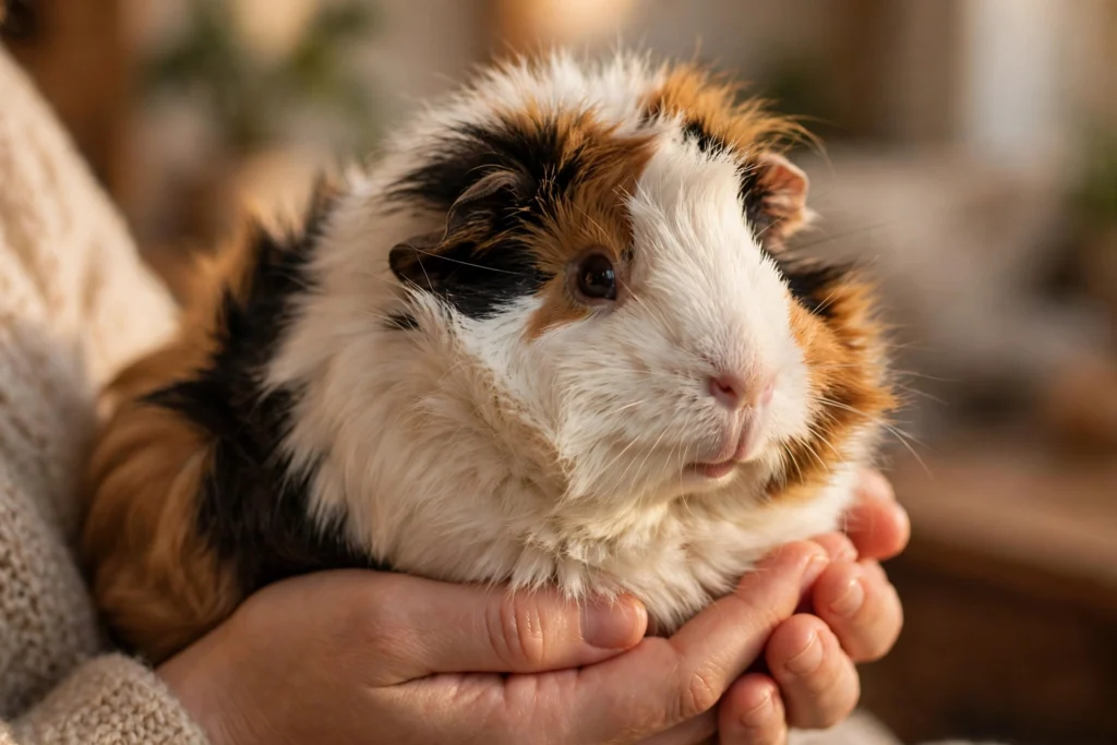 Fluffy guinea pig being gently held in human hands