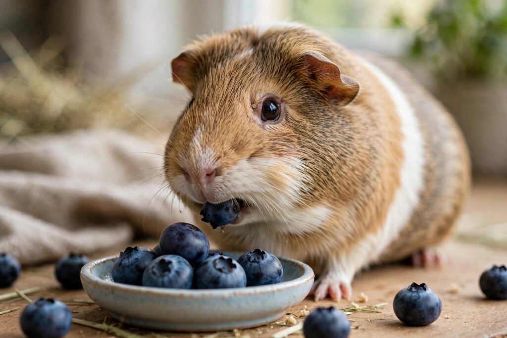 Can guinea pigs have blueberries? Guinea pig eating fresh blueberries from a small dish.