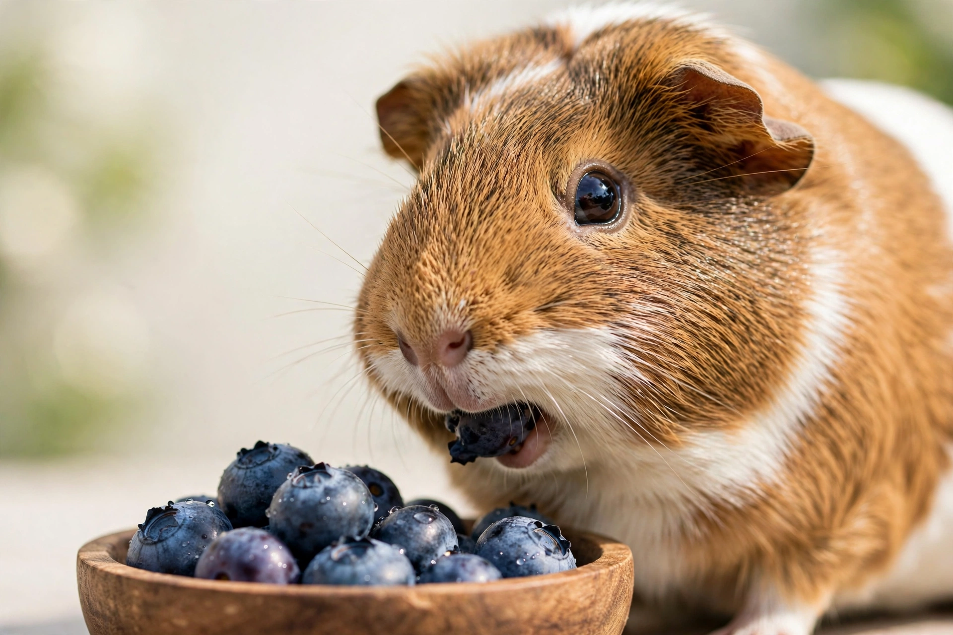 A brown and white guinea pig eating a blueberry from a small wooden bowl full of fresh blueberries