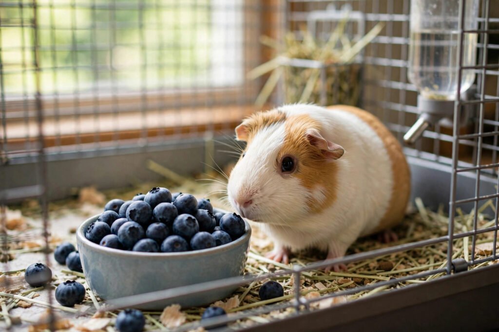 Bowl of fresh blueberries next to a guinea pig sniffing them curiously.
