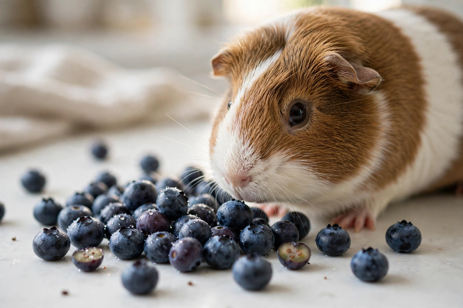 A brown and white guinea pig sniffing a pile of fresh blueberries scattered on a light surface