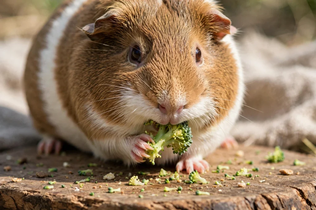 Guinea pig eating a small floret of fresh broccoli.