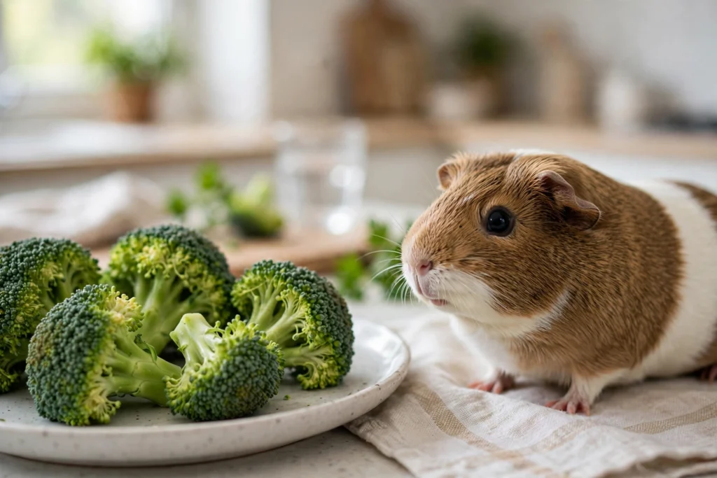 Fresh broccoli pieces in a guinea pig's food bowl.