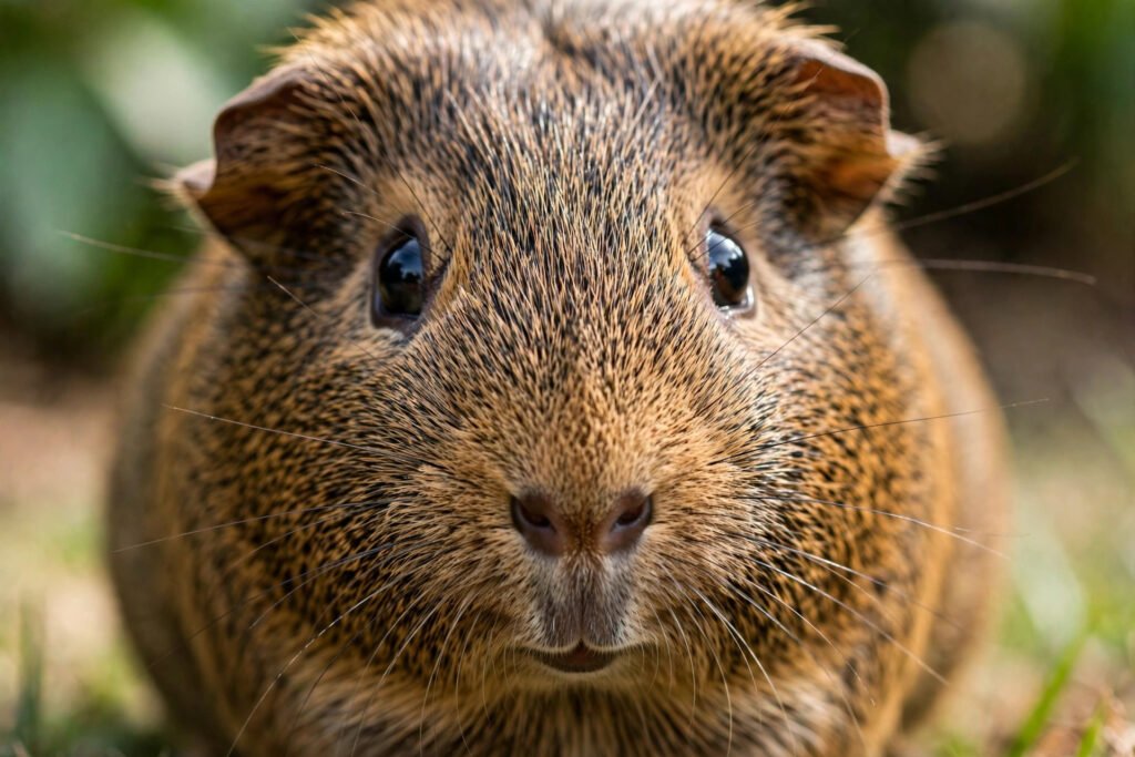 Why are guinea pigs called guinea pigs? Close-up portrait of an agouti brown guinea pig.
