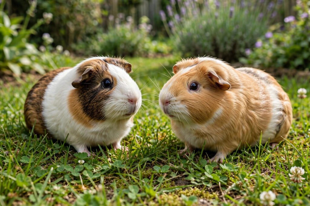 Two guinea pigs on fresh green grass outdoors.