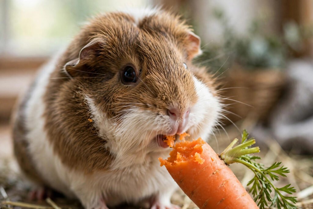 Can guinea pigs eat carrots? Guinea pig munching on a fresh orange carrot.