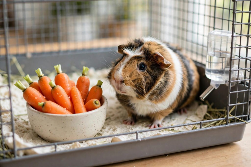 Baby carrots in a small bowl beside a guinea pig in a clean cage.