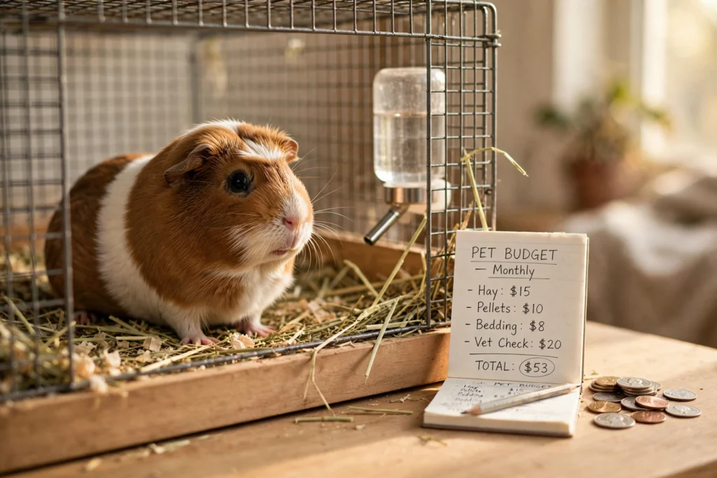 Guinea pig cage setup with food, bedding, and accessories showing the cost of keeping guinea pigs.