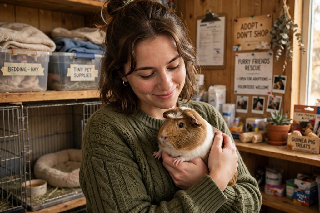 Person gently holding a guinea pig at an animal rescue shelter. Guinea pig price varies by source.