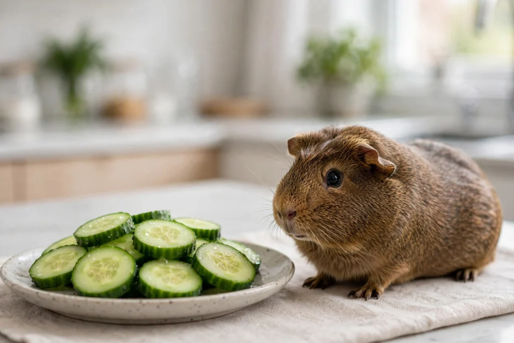 Can guinea pigs have cucumbers? Sliced fresh cucumber rounds on a plate next to a guinea pig