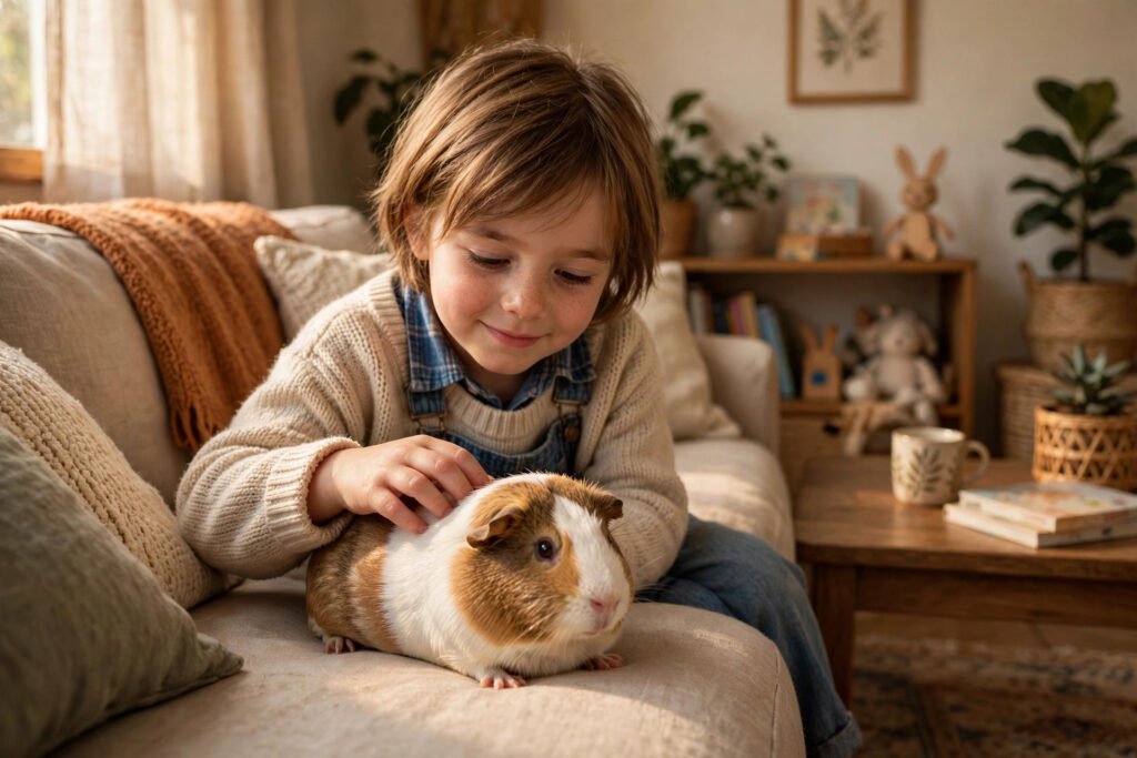 Are guinea pigs good pets? Young child gently petting a calm guinea pig on a sofa.