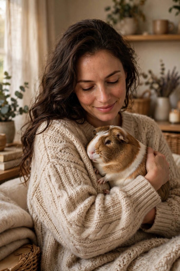 Person lovingly holding a relaxed guinea pig against their chest.