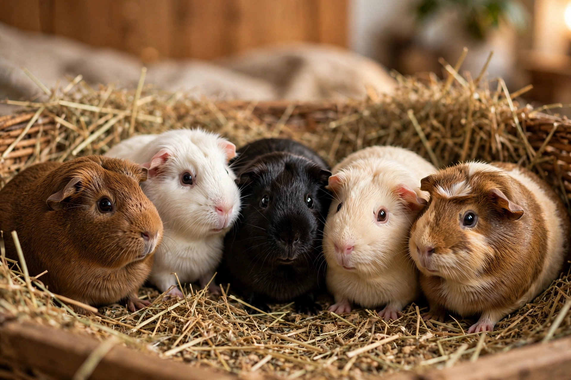 Five guinea pigs of different colours (brown, white, black, cream) sitting close together in a straw-filled basket